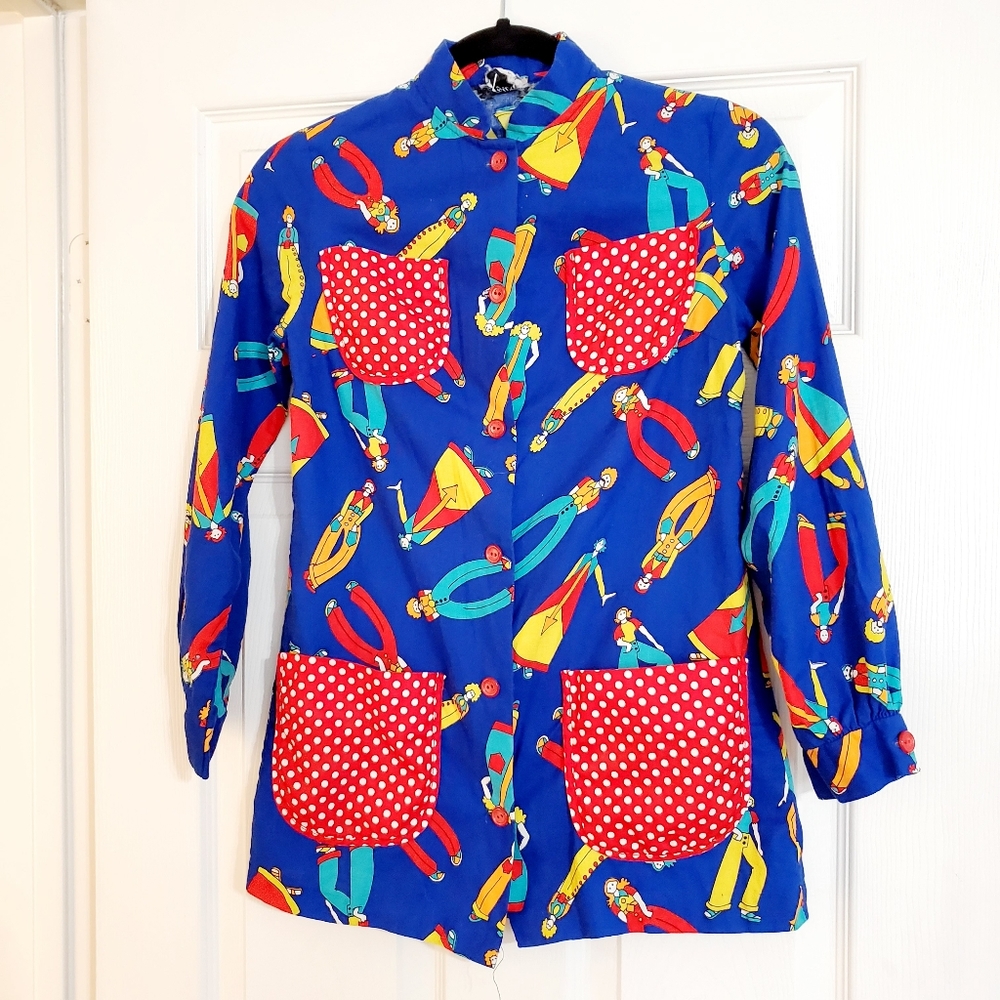 VINTAGE 70s Flairs kitschy graphics long sleeve top blouse sz.5 Peter Max style - Picture 7 of 8